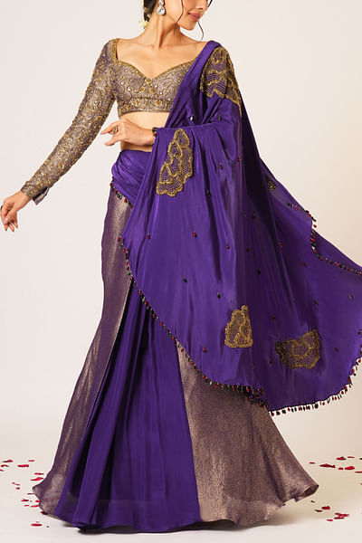 Violet panelled pre-draped sari set