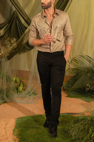 Warm grey embroidered vegan silk shirt