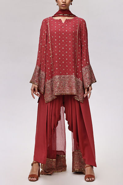 Watermelon floral embroidered short kurta set