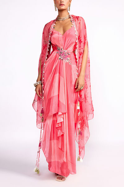 Watermelon pink printed draped dress and cape