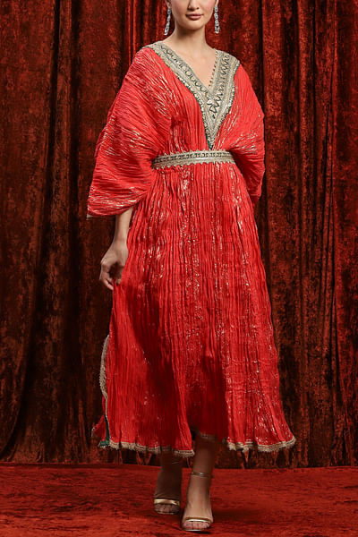 Watermelon red gota work crinkle kaftan dress