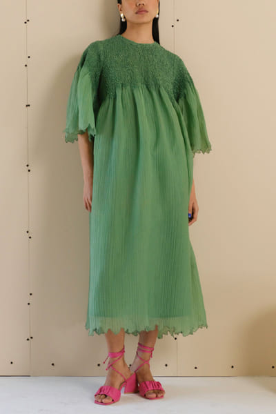 Weed green smocked crinkled dress
