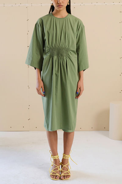Weed green smocked poplin dress