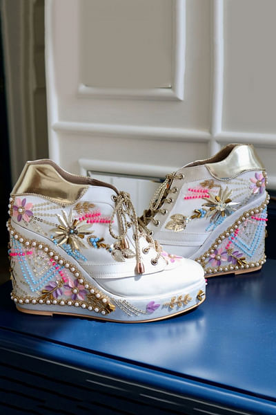 White 3D floral embroidered sneaker wedges