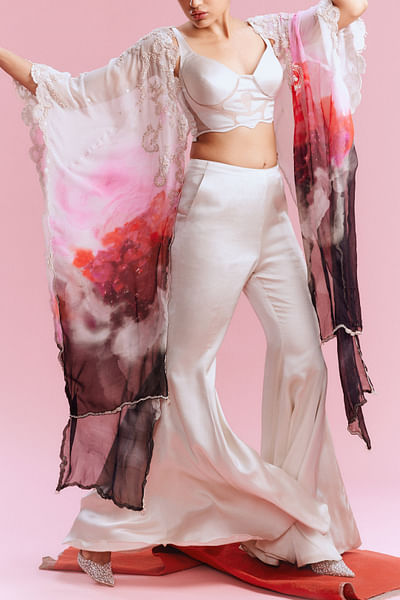 White abstract printed cape and sharara set