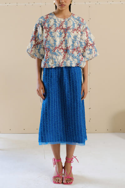 White abstract printed smocked top