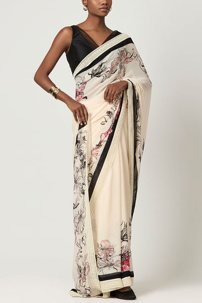 White and black floral printed sari set