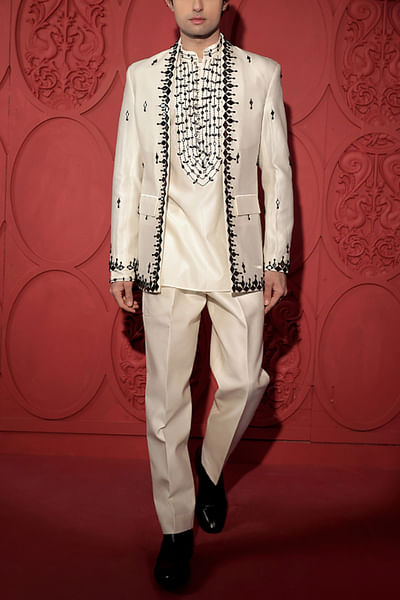 White chanderi embroidered jacket set