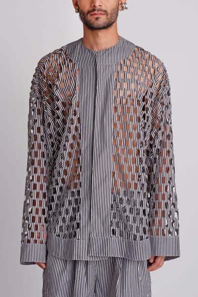 White and black stripe laser cut shirt