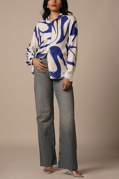 White and blue abstract printed shirt