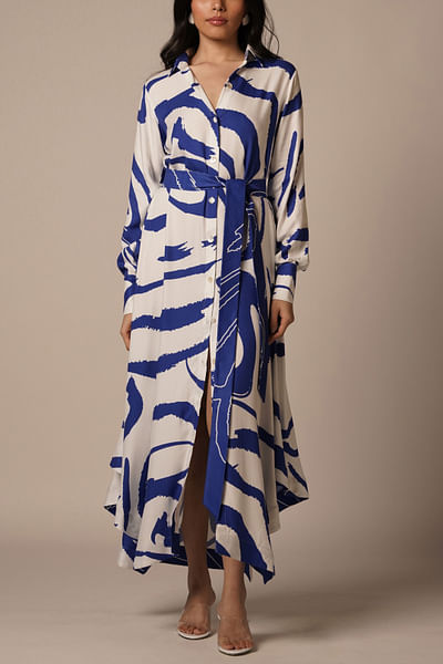 White and blue abstract printed shirt dress