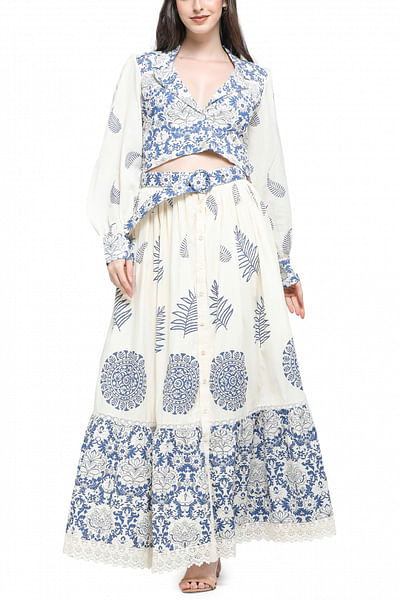 White and blue floral block print skirt set