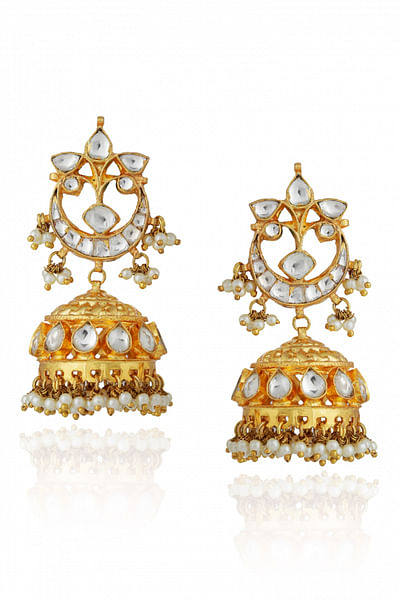 White and gold jadtar and pearl jhumkas