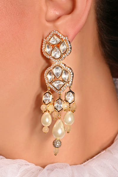 White and gold kundan and polki danglers