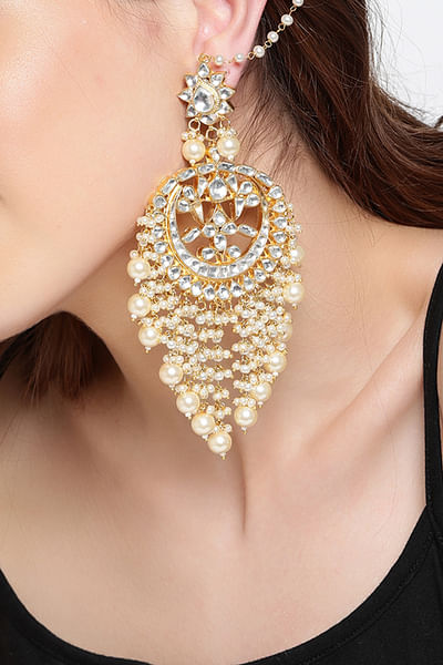 White and gold pearl extension chandbalis