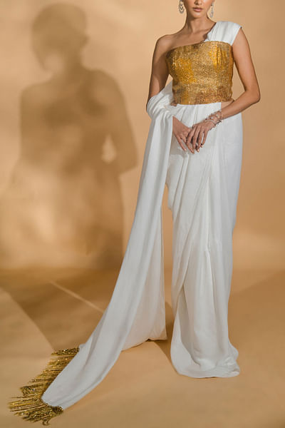White and gold sari and embellished corset