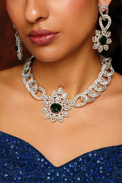 White and green American diamond necklace set