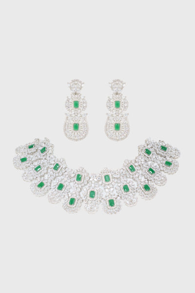 Zevar By Geeta White and green American diamond necklace set ZEVJAN26D137622