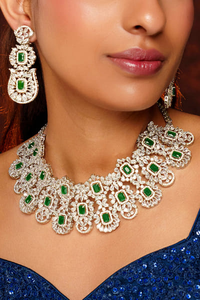 Zevar By Geeta White and green American diamond necklace set ZEVJAN26D137622