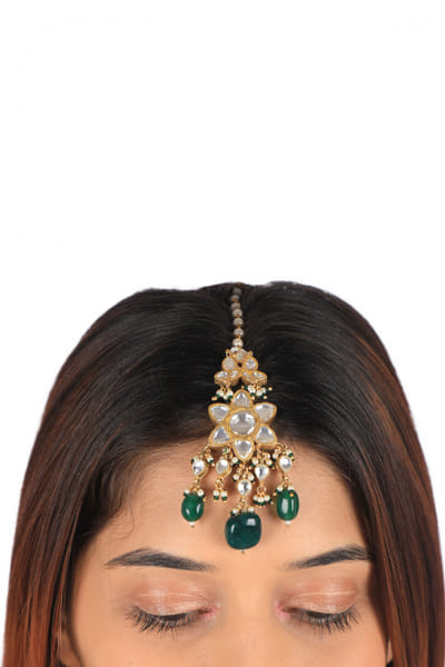 Riana Jewellery White and green floral jadtar maang tikka RJEJAN24008