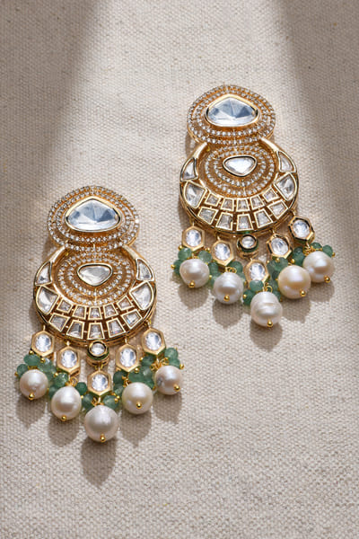 White and green polki kundan chandbalis
