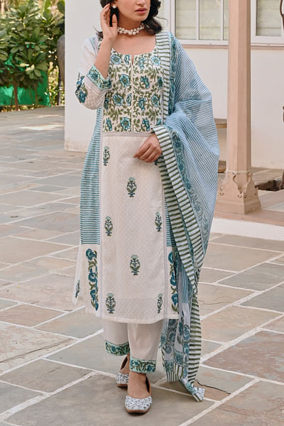 White and light blue floral printed kurta set