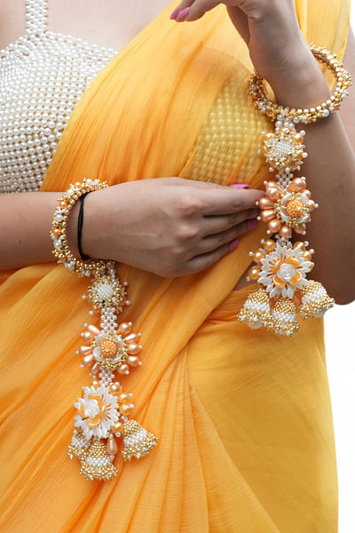 White and mango floral pearl bead kaleeras