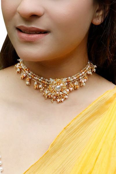 White and mango pearl and bead choker