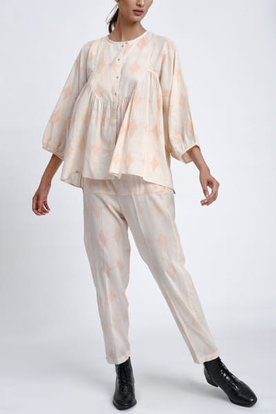 White and pink diamond block printed co-ords