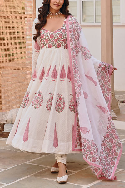 White and pink floral block print anarkali set