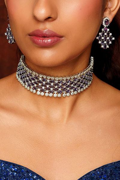 White and purple American diamond choker set