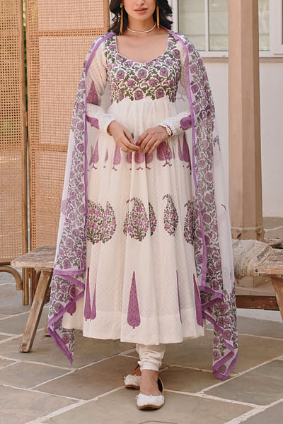 White and purple floral block print anarkali set