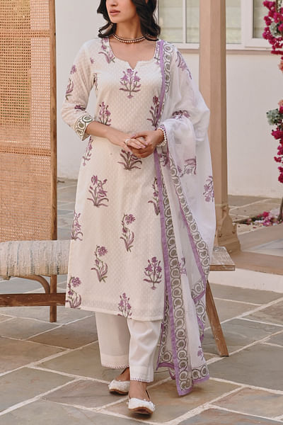 White and purple floral block printed kurta set