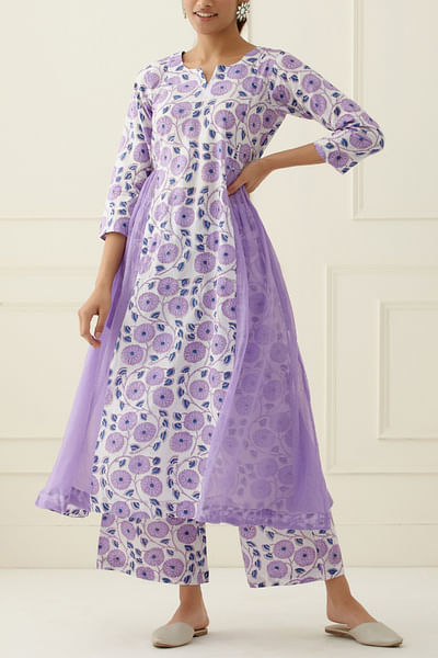 White and purple floral printed kurta set