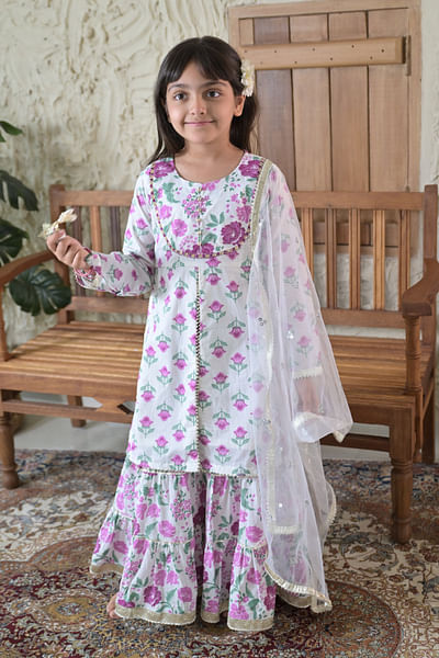 White and purple floral printed sharara set