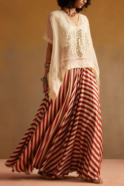 White and red embellished top and skirt set