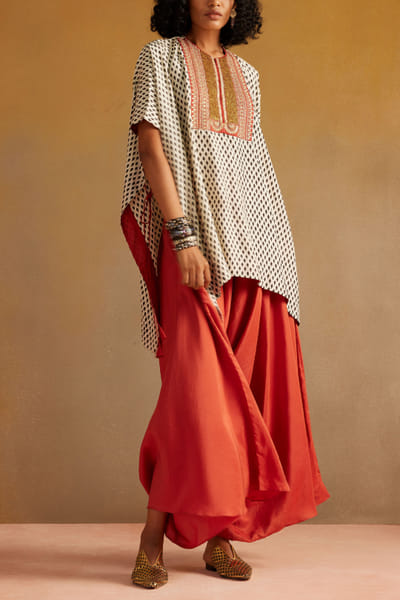 White and red handblock printed kaftan set