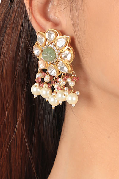 White and sea green jadtar and pearl earrings