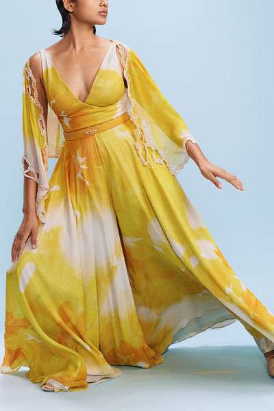 White and yellow abstract print jumpsuit set