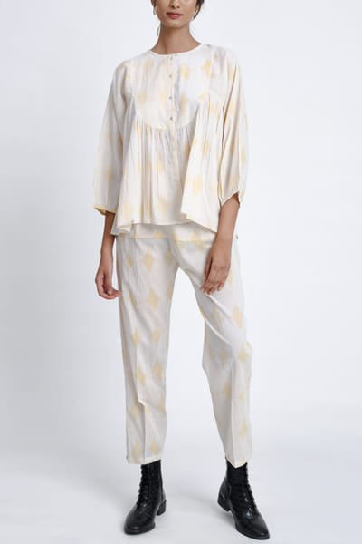 White and yellow diamond block printed co-ords