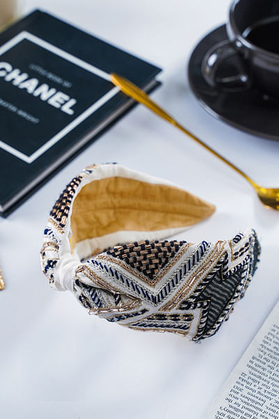 White aztec geometric embroidered headband