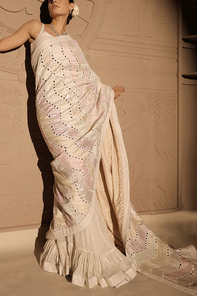 White chevron embroidery pre-stitched sari set