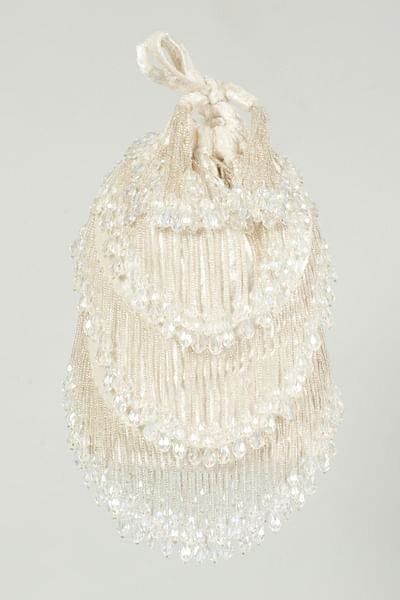 White crystal tasselled bucket bag