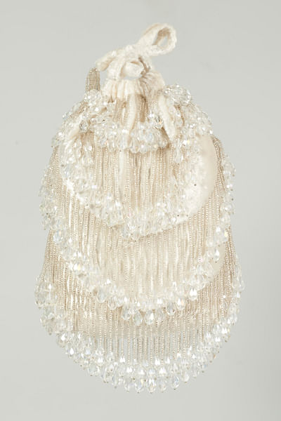 White crystal tasselled mini bucket bag