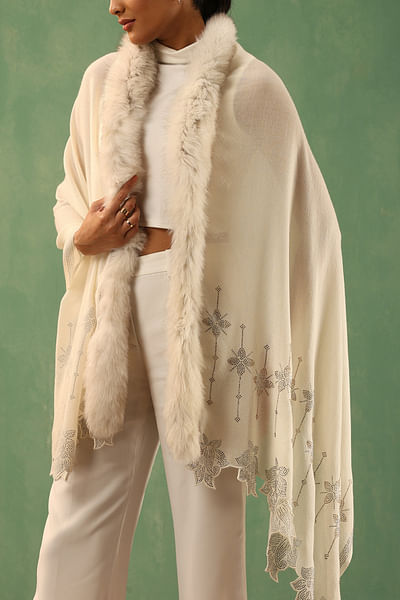 White embellished fur cashmere wool stole