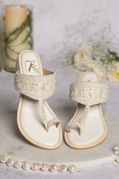White embellished kolhapuri block heels