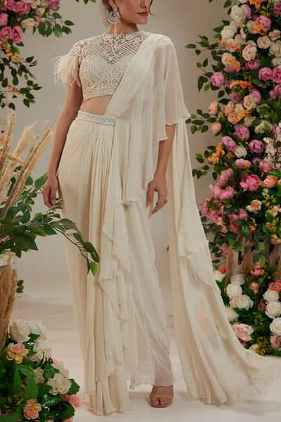 White embellished ruffle pre-drape sari set