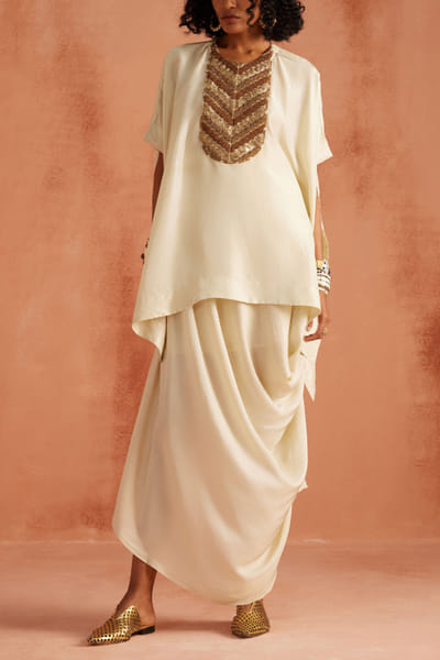 White embroidered kaftan and skirt set