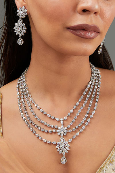 White faux diamond layered long necklace set