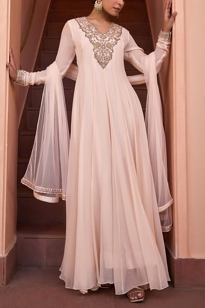 White floral embroidered anarkali gown set
